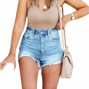 Womens Blue Ripped Denim Jean Shorts Frayed Denim Shorts for Summer
