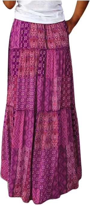 Womens Bohemian Maxi Skirts Elastic High Waisted Flowy Skirt Summer Casual Pleated Long Dresses with Pockets