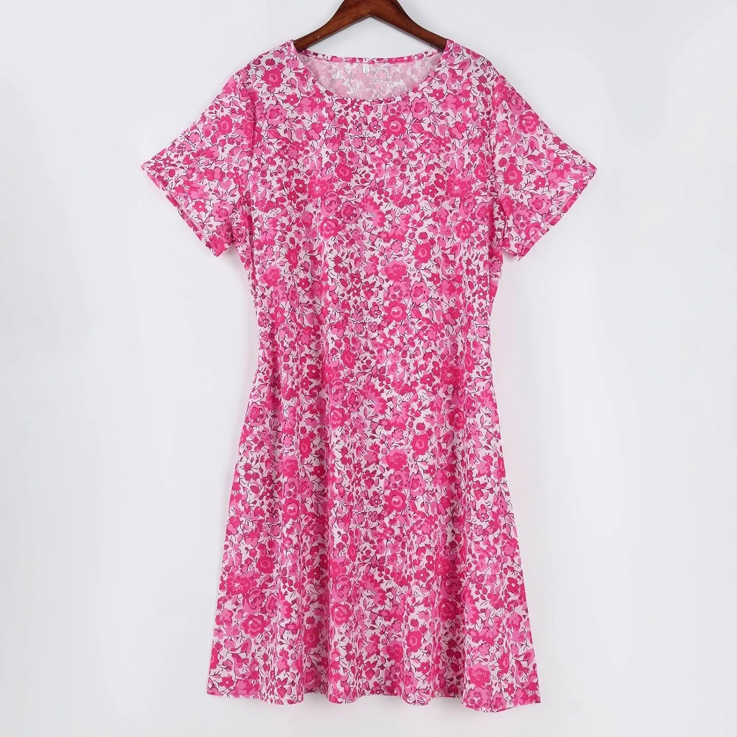 Women's Boho Floral Print Short Sleeve Dress Bohemian Summer Vacation Casual Loose Swing Midi Dresses with Pockets