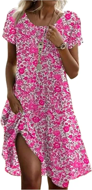 Women's Boho Floral Print Short Sleeve Dress Bohemian Summer Vacation Casual Loose Swing Midi Dresses with Pockets