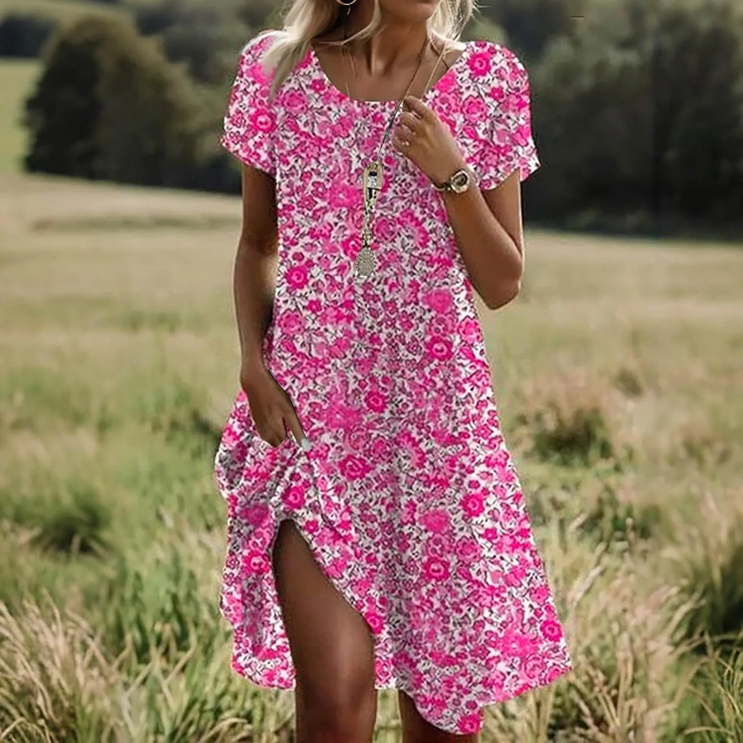 Women's Boho Floral Print Short Sleeve Dress Bohemian Summer Vacation Casual Loose Swing Midi Dresses with Pockets