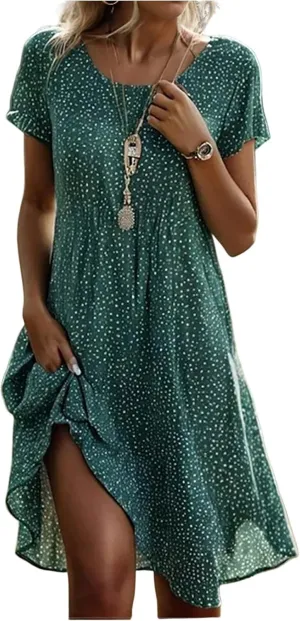 Women's Boho Floral Print Short Sleeve Dress Bohemian Summer Vacation Casual Loose Swing Midi Dresses with Pockets
