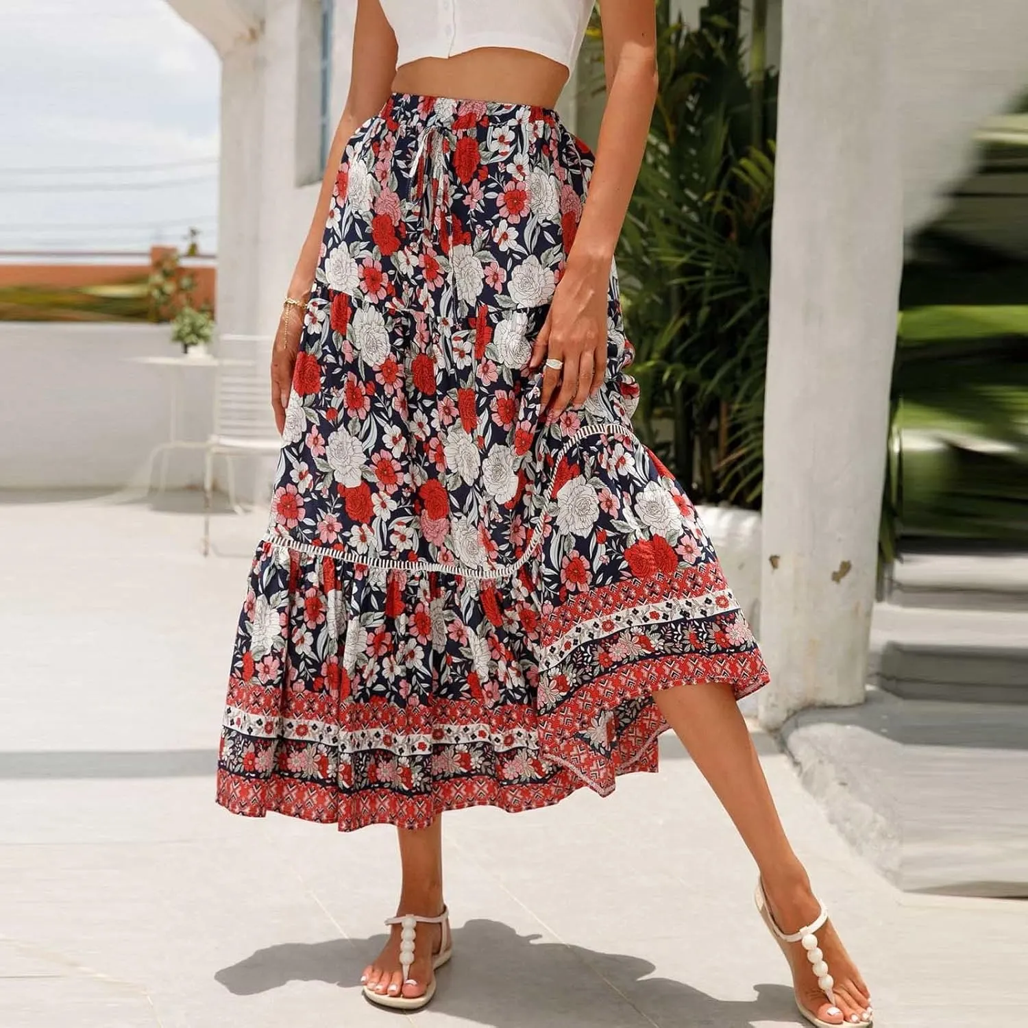 Womens Boho Floral Skirt Flowy High Waist A Line Maxi Skirts Casual Flowy Swing Pleated A Line Beach Long Skirt
