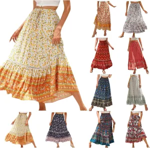 Womens Boho Floral Skirt Flowy High Waist A Line Maxi Skirts Casual Flowy Swing Pleated A Line Beach Long Skirt