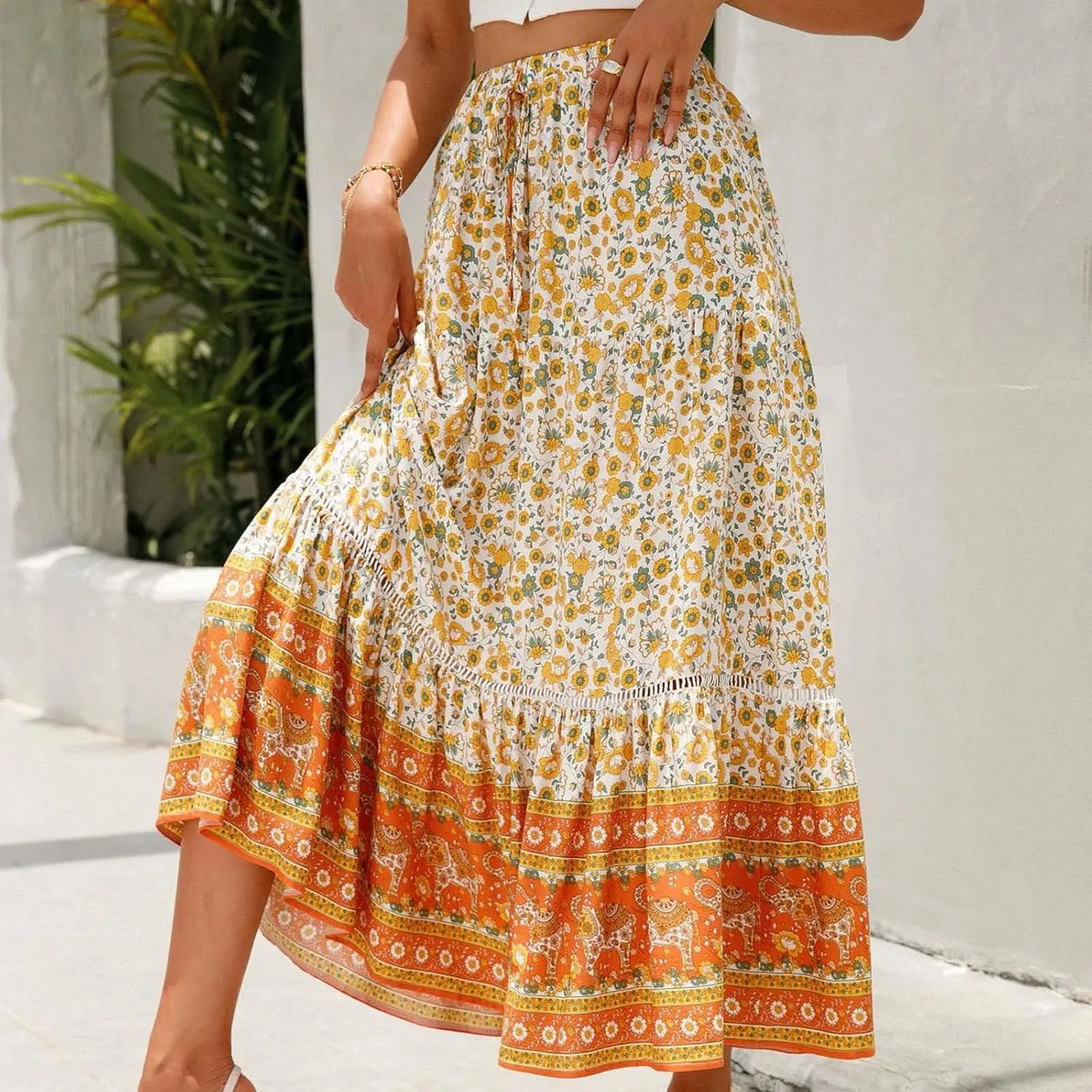 Womens Boho Floral Skirt Flowy High Waist A Line Maxi Skirts Casual Flowy Swing Pleated A Line Beach Long Skirt