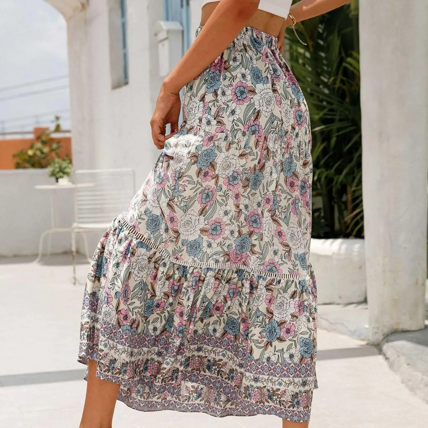 Womens Boho Floral Skirt Flowy High Waist A Line Maxi Skirts Casual Flowy Swing Pleated A Line Beach Long Skirt