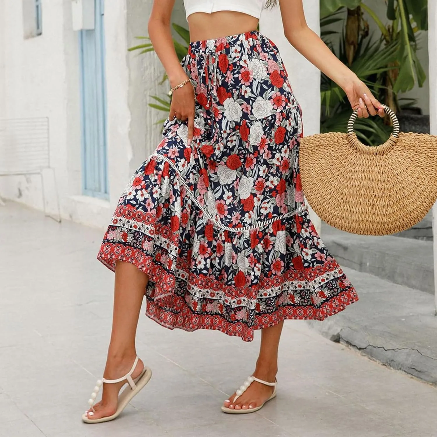 Womens Boho Floral Skirt Flowy High Waist A Line Maxi Skirts Casual Flowy Swing Pleated A Line Beach Long Skirt