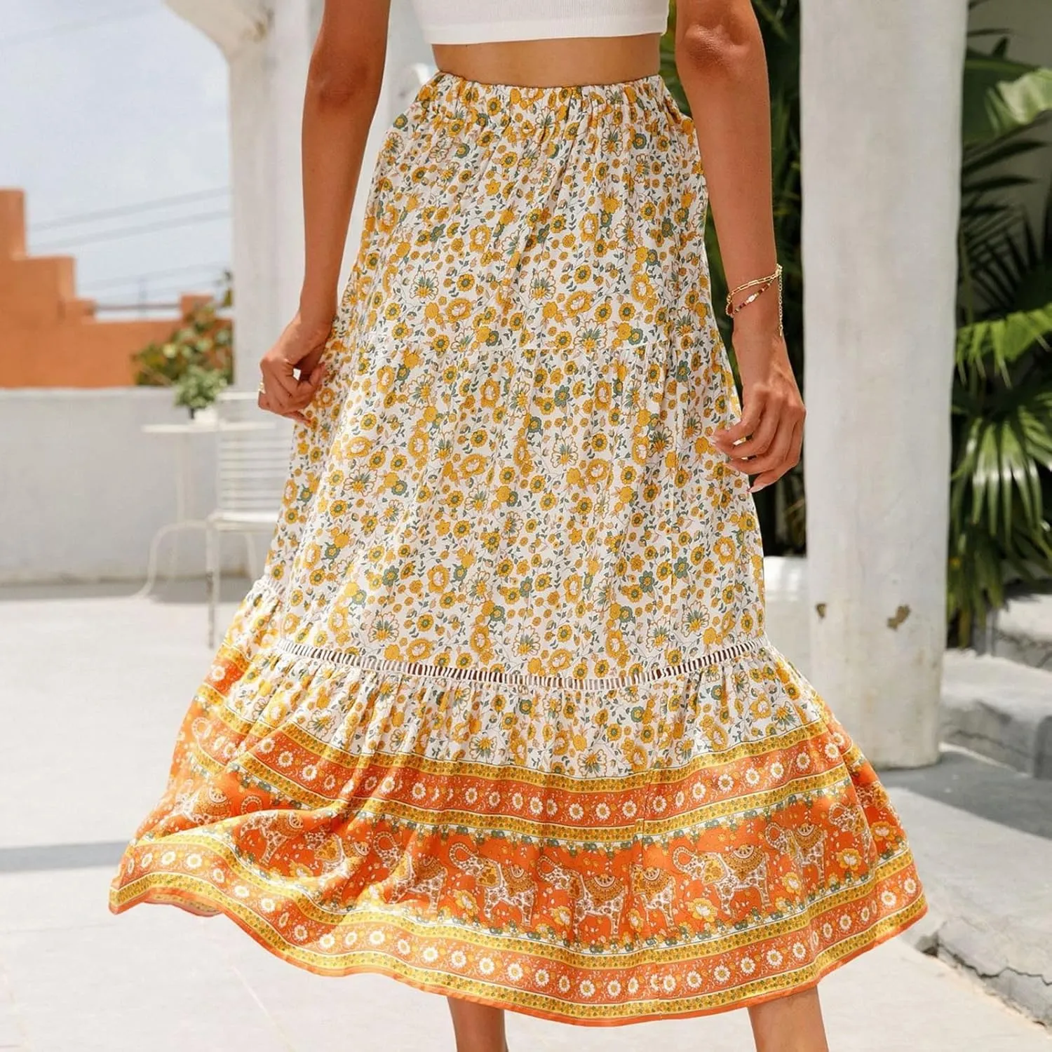 Womens Boho Floral Skirt Flowy High Waist A Line Maxi Skirts Casual Flowy Swing Pleated A Line Beach Long Skirt