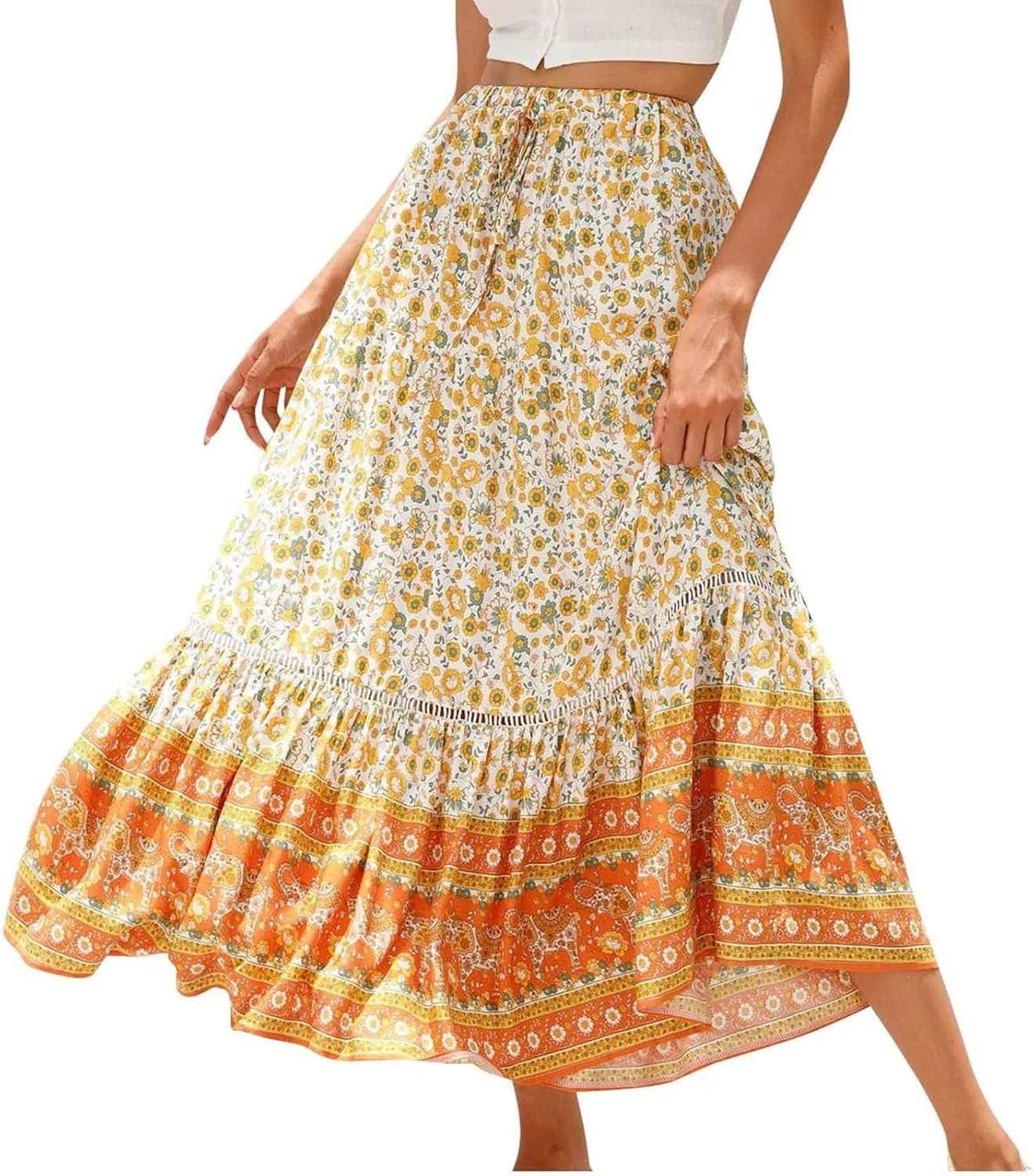Womens Boho Floral Skirt Flowy High Waist A Line Maxi Skirts Casual Flowy Swing Pleated A Line Beach Long Skirt
