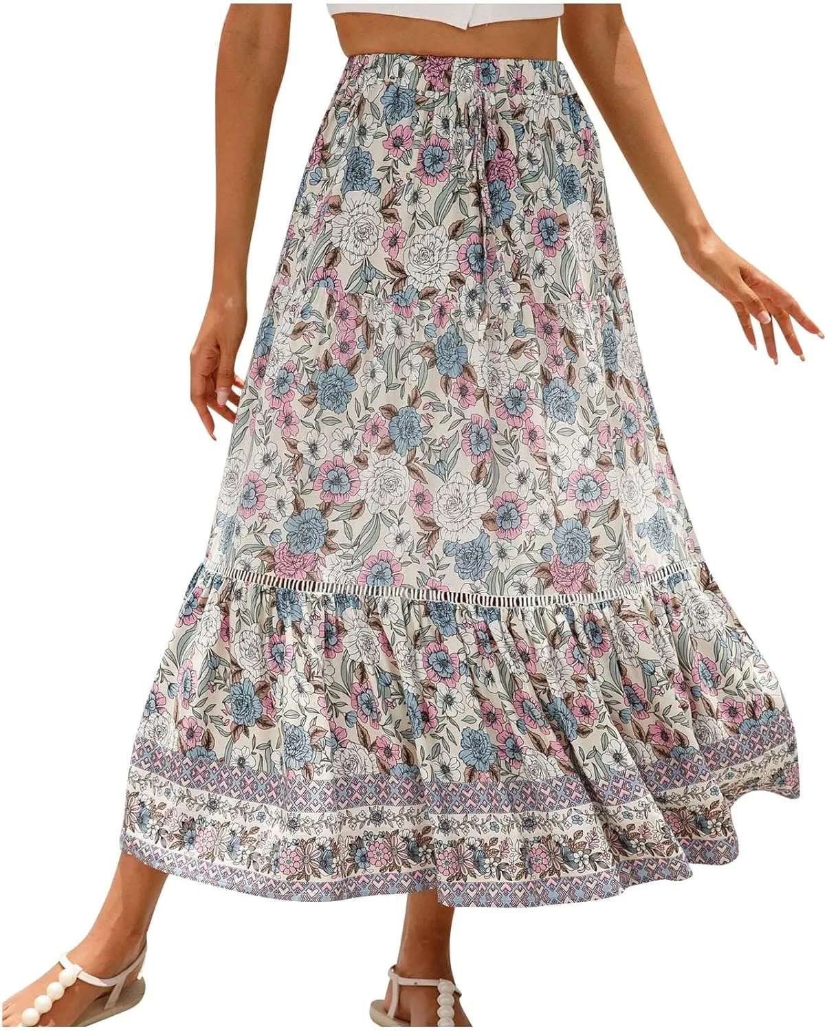 Womens Boho Floral Skirt Flowy High Waist A Line Maxi Skirts Casual Flowy Swing Pleated A Line Beach Long Skirt