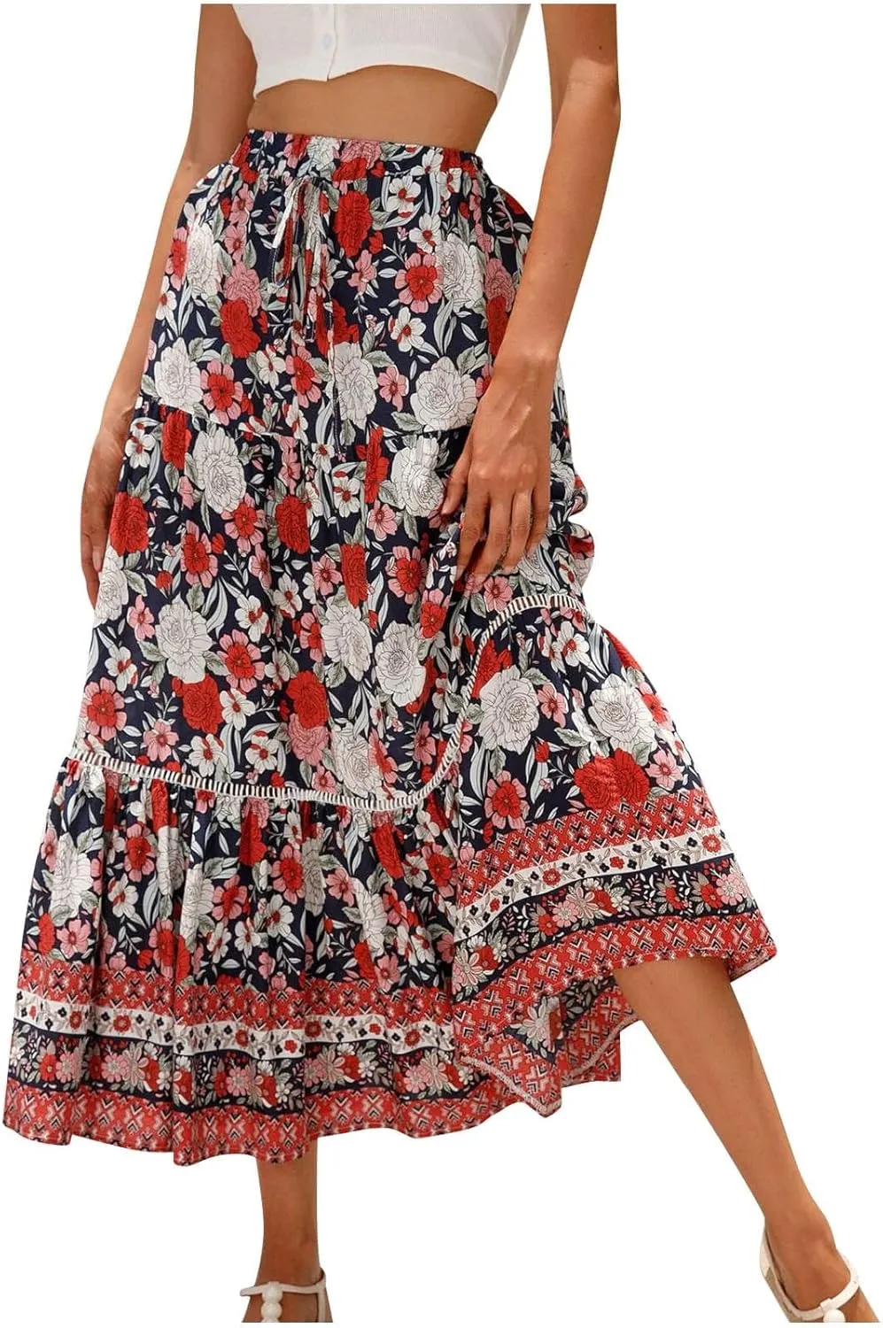 Womens Boho Floral Skirt Flowy High Waist A Line Maxi Skirts Casual Flowy Swing Pleated A Line Beach Long Skirt