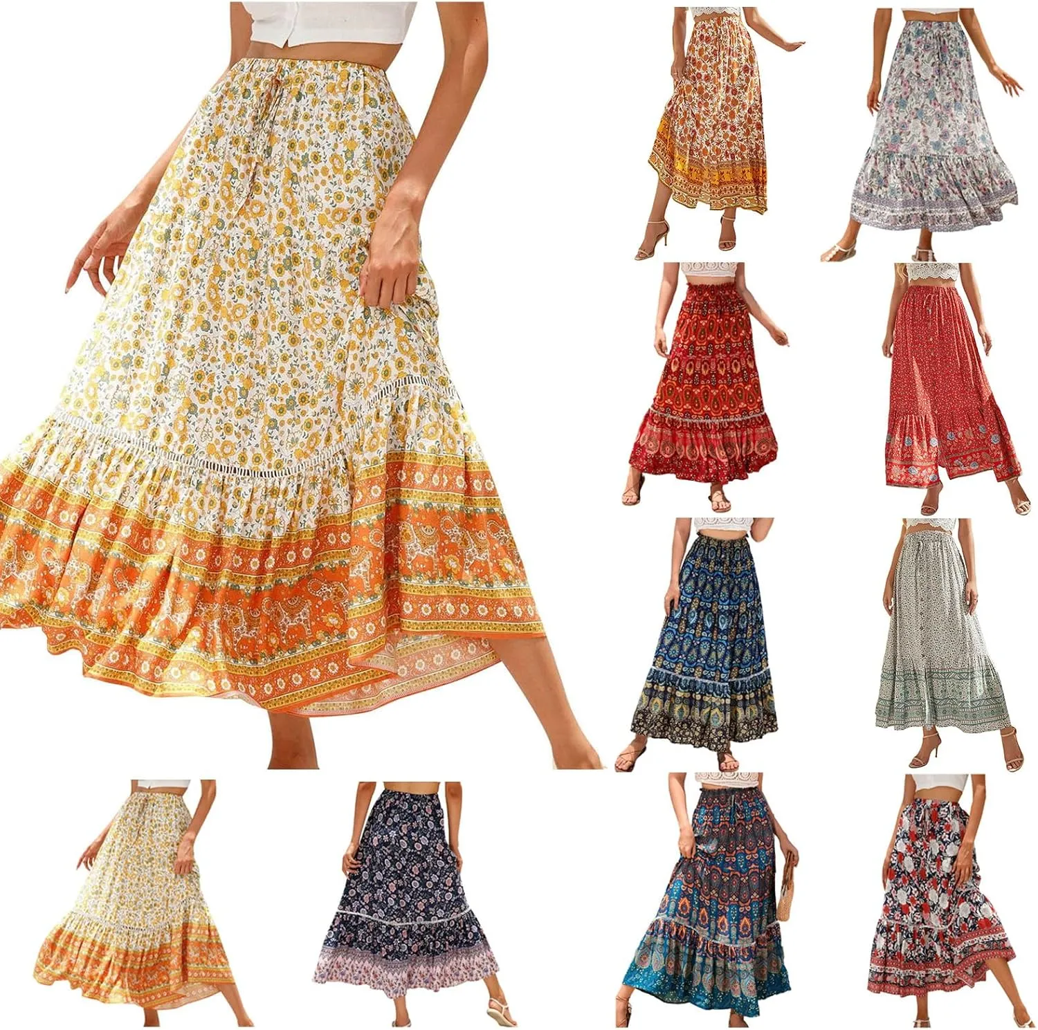 Womens Boho Floral Skirt Flowy High Waist A Line Maxi Skirts Casual Flowy Swing Pleated A Line Beach Long Skirt