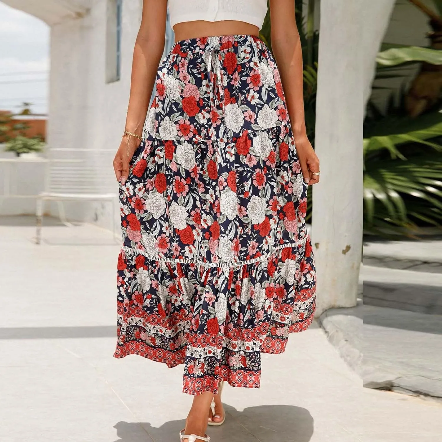 Womens Boho Floral Skirt Flowy High Waist A Line Maxi Skirts Casual Flowy Swing Pleated A Line Beach Long Skirt
