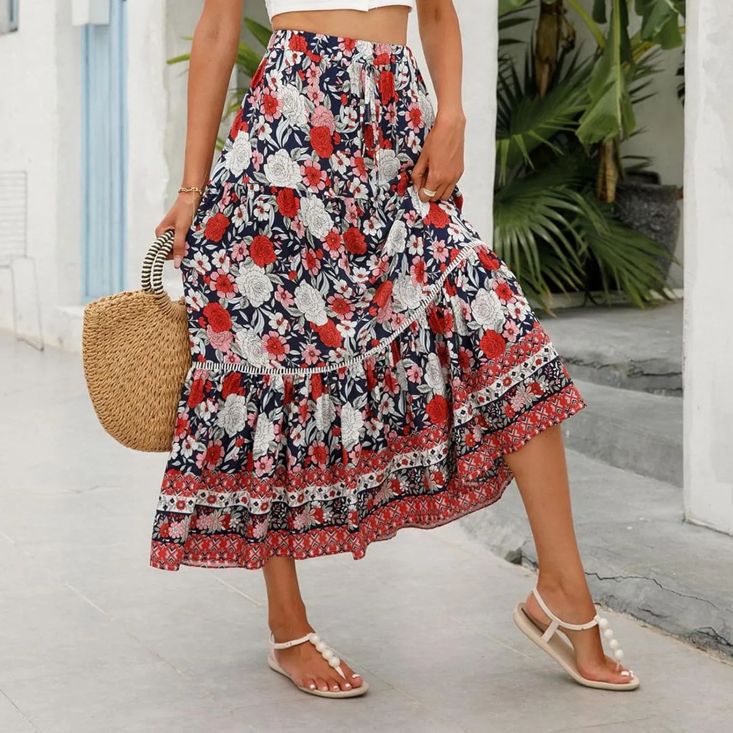 Womens Boho Floral Skirt Flowy High Waist A Line Maxi Skirts Casual Flowy Swing Pleated A Line Beach Long Skirt