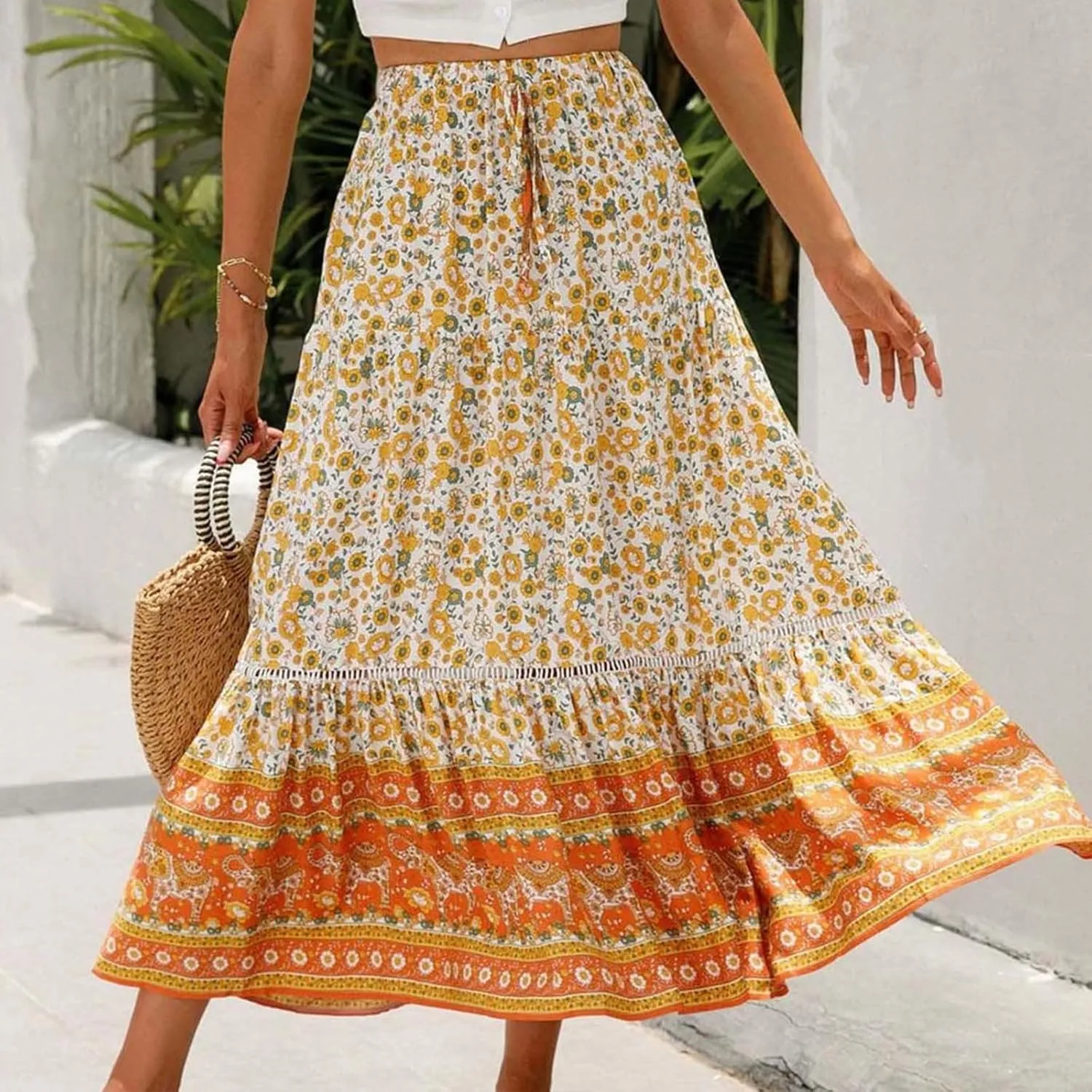 Womens Boho Floral Skirt Flowy High Waist A Line Maxi Skirts Casual Flowy Swing Pleated A Line Beach Long Skirt