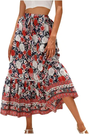 Womens Boho Floral Skirt Flowy High Waist A Line Maxi Skirts Casual Flowy Swing Pleated A Line Beach Long Skirt