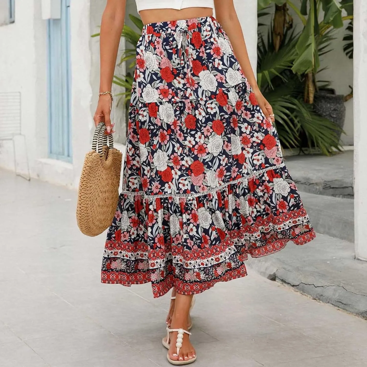 Womens Boho Floral Skirt Flowy High Waist A Line Maxi Skirts Casual Flowy Swing Pleated A Line Beach Long Skirt