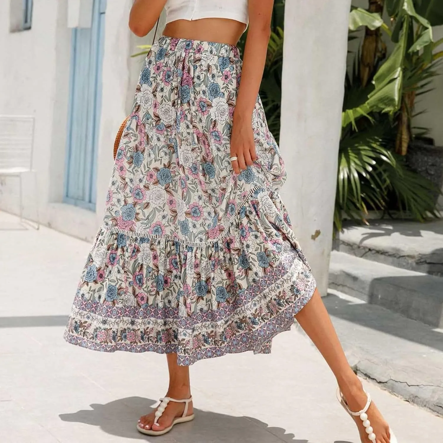 Womens Boho Floral Skirt Flowy High Waist A Line Maxi Skirts Casual Flowy Swing Pleated A Line Beach Long Skirt