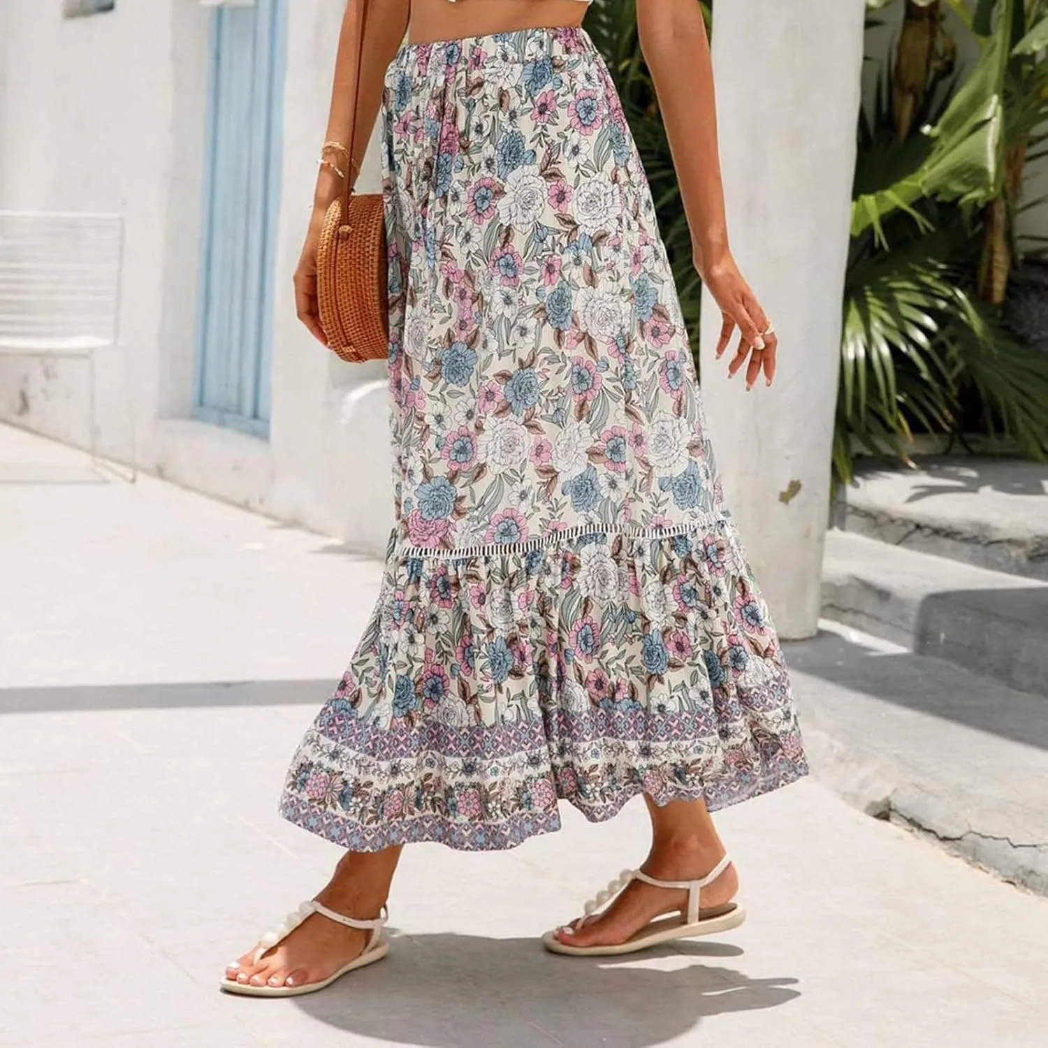 Womens Boho Floral Skirt Flowy High Waist A Line Maxi Skirts Casual Flowy Swing Pleated A Line Beach Long Skirt