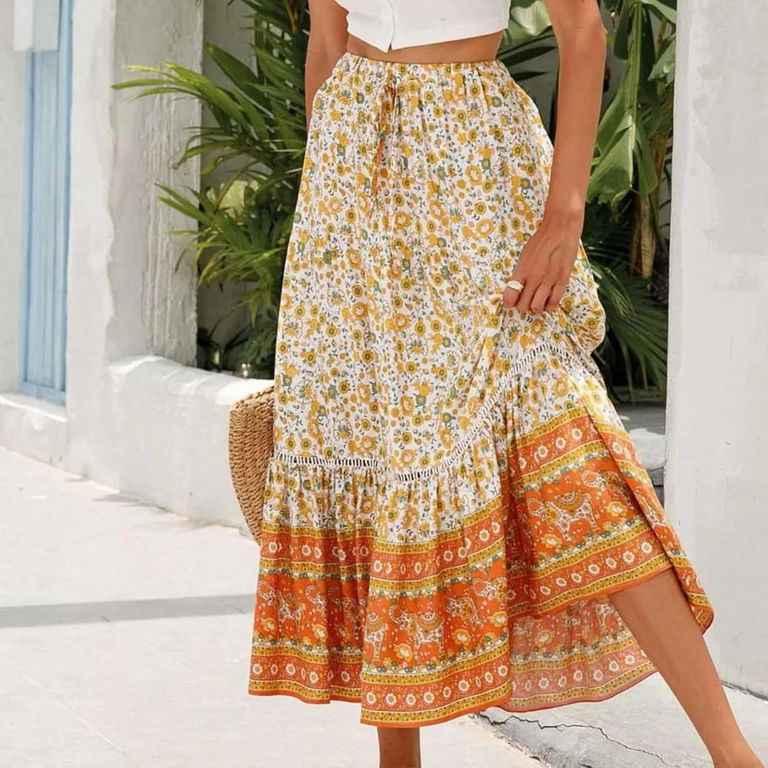 Womens Boho Floral Skirt Flowy High Waist A Line Maxi Skirts Casual Flowy Swing Pleated A Line Beach Long Skirt