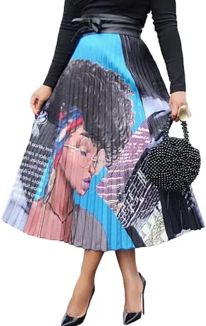 Women's Cartoon Printed Pleated Skirts Graffiti A-Line Skirt Vintage Skirts