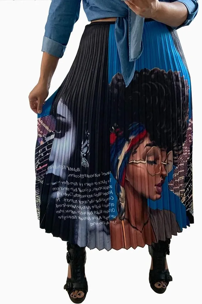 Women's Cartoon Printed Pleated Skirts Graffiti A-Line Skirt Vintage Skirts