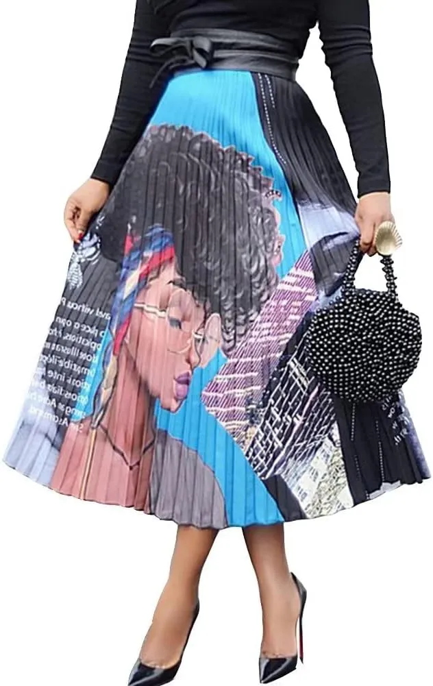 Women's Cartoon Printed Pleated Skirts Graffiti A-Line Skirt Vintage Skirts