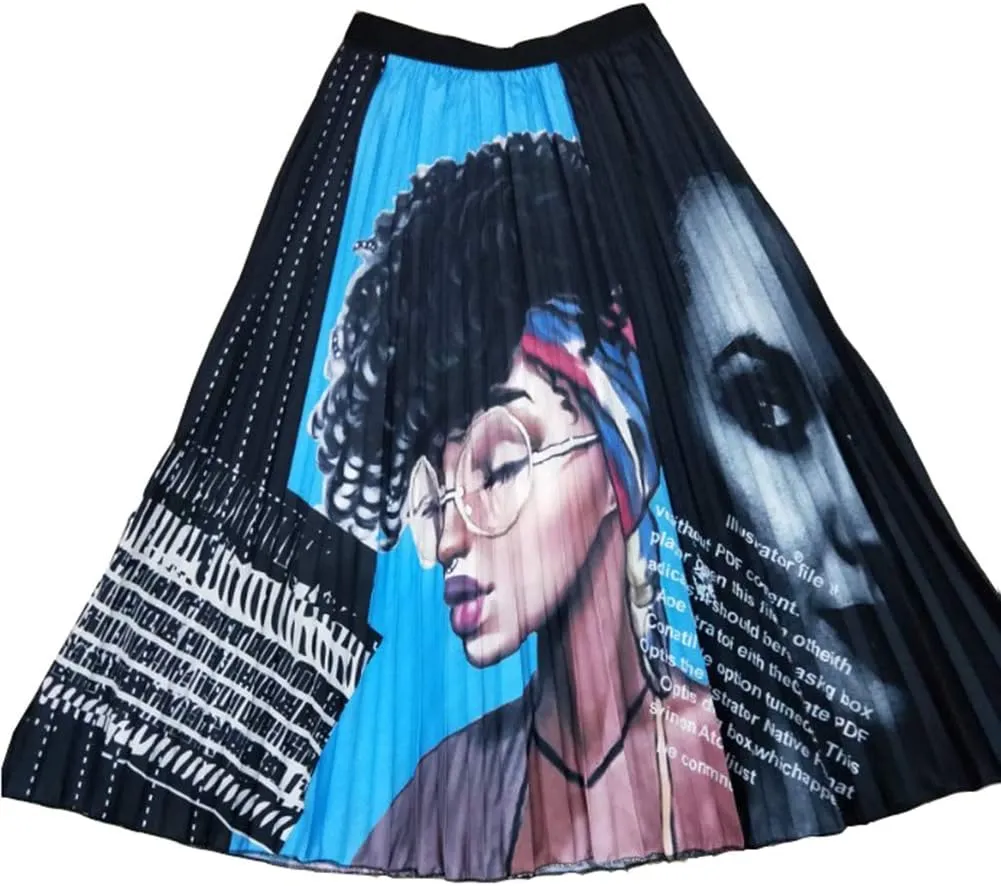 Women's Cartoon Printed Pleated Skirts Graffiti A-Line Skirt Vintage Skirts