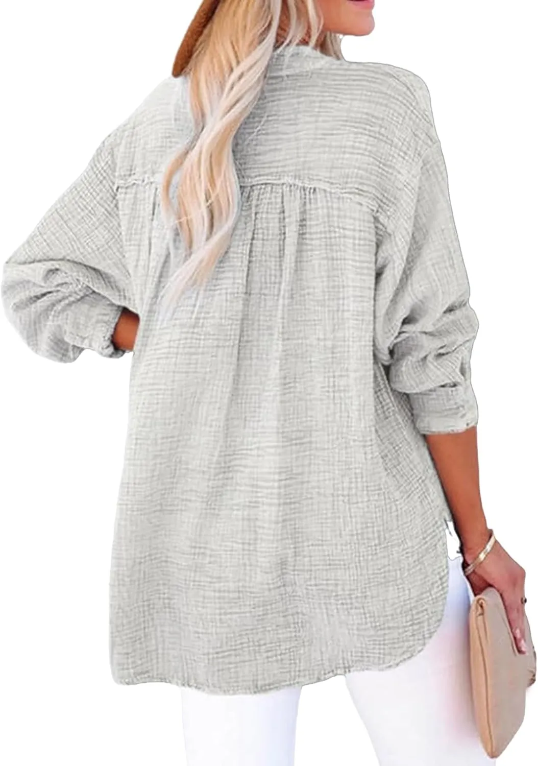 Womens Casual Button V Neck Shirts Oversized Long Sleeve Cotton Tops Lightweight Solid Blouses Fall Trendy Shirts