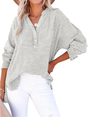 Womens Casual Button V Neck Shirts Oversized Long Sleeve Cotton Tops Lightweight Solid Blouses Fall Trendy Shirts