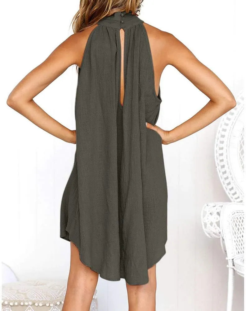 Women's Casual Dresses Holiday Irregular Halter Neck Summer Beach Sleeveless Party Mini Dress, S-2XL
