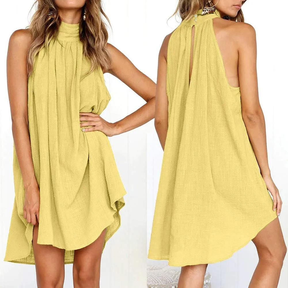 Women's Casual Dresses Holiday Irregular Halter Neck Summer Beach Sleeveless Party Mini Dress, S-2XL