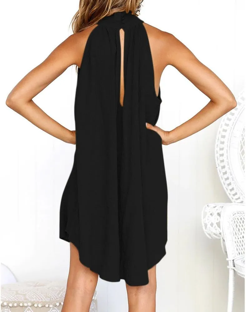 Women's Casual Dresses Holiday Irregular Halter Neck Summer Beach Sleeveless Party Mini Dress, S-2XL