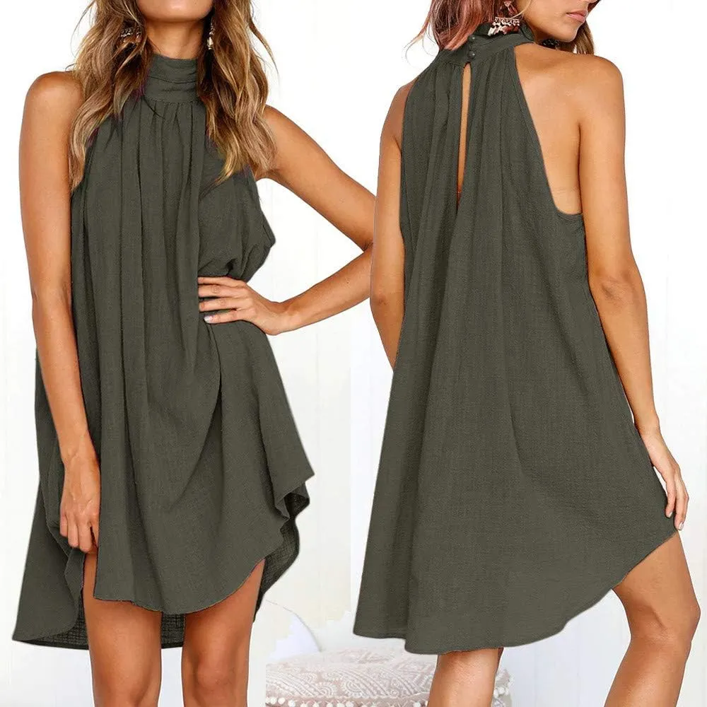 Women's Casual Dresses Holiday Irregular Halter Neck Summer Beach Sleeveless Party Mini Dress, S-2XL