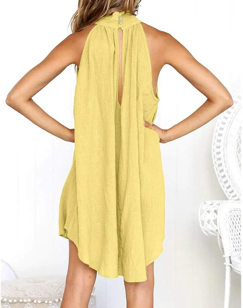 Women's Casual Dresses Holiday Irregular Halter Neck Summer Beach Sleeveless Party Mini Dress, S-2XL