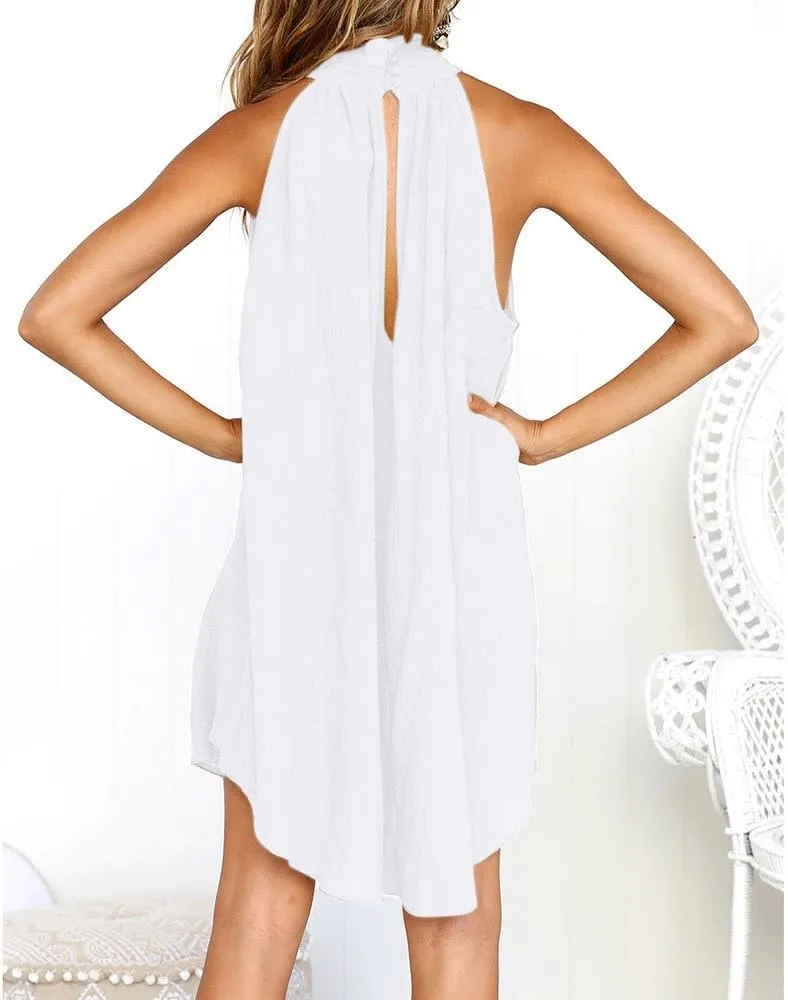 Women's Casual Dresses Holiday Irregular Halter Neck Summer Beach Sleeveless Party Mini Dress, S-2XL