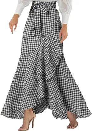 Womens Casual Mermaid Maxi Wrap Skirt A-Line Irregular Ruffle Hem Fishtail Long Skirts Elastic Tie Waist Work Clothes