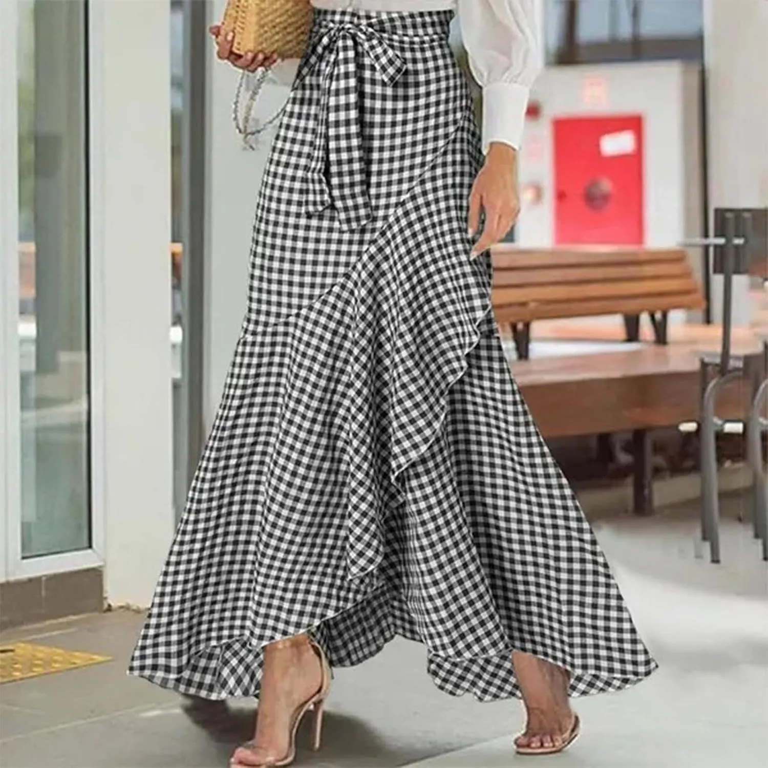 Womens Casual Mermaid Maxi Wrap Skirt A-Line Irregular Ruffle Hem Fishtail Long Skirts Elastic Tie Waist Work Clothes