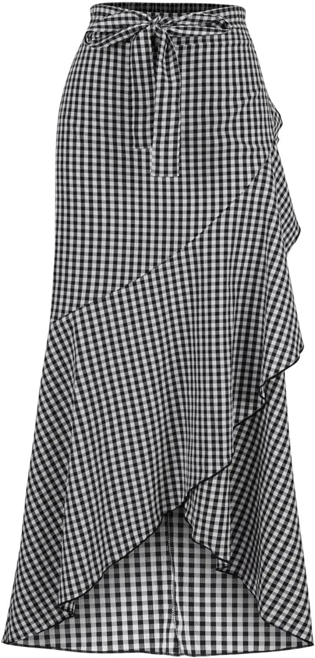 Womens Casual Mermaid Maxi Wrap Skirt A-Line Irregular Ruffle Hem Fishtail Long Skirts Elastic Tie Waist Work Clothes