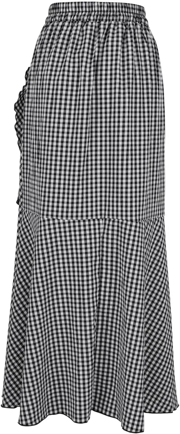 Womens Casual Mermaid Maxi Wrap Skirt A-Line Irregular Ruffle Hem Fishtail Long Skirts Elastic Tie Waist Work Clothes