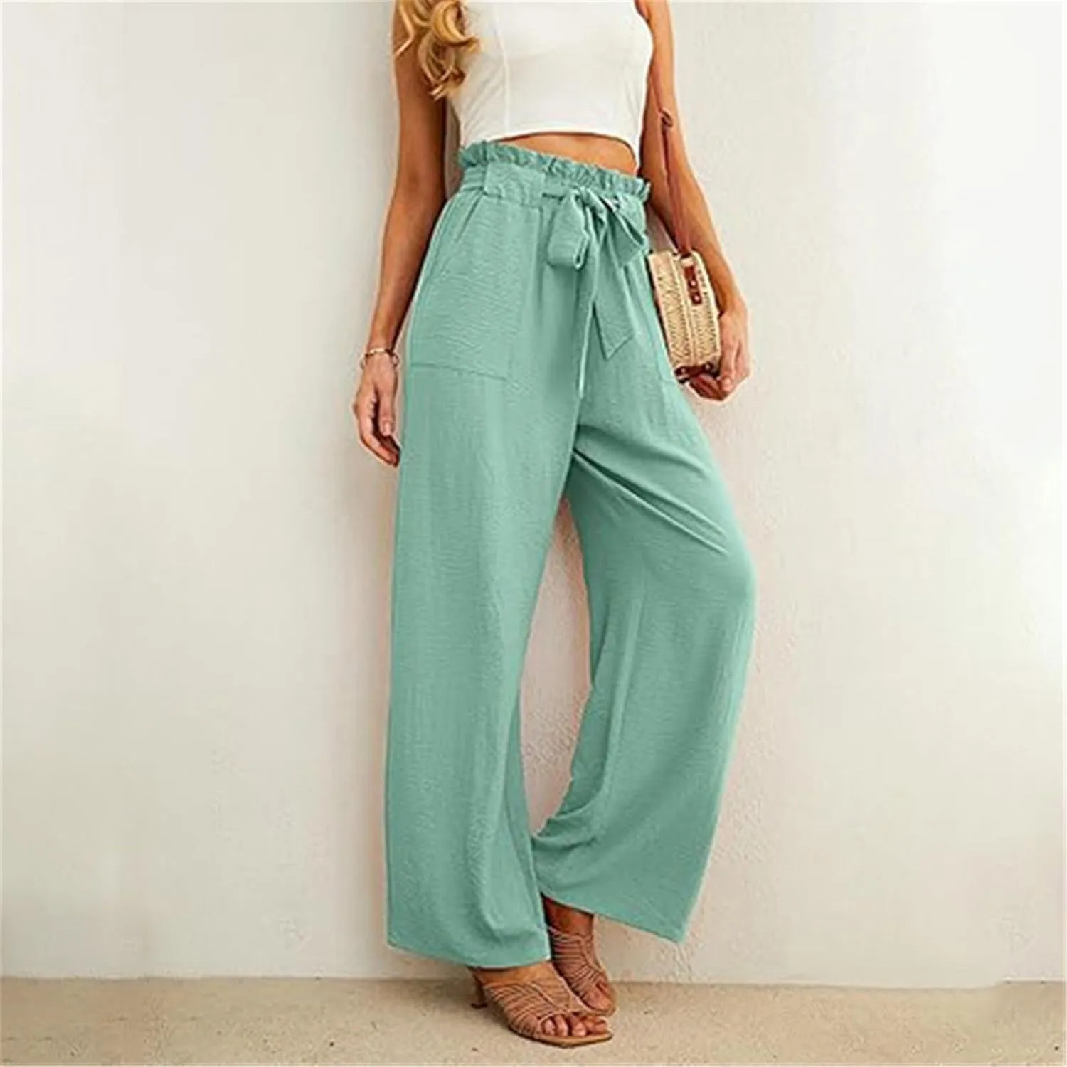 Women's Casual Wide Leg Pants Tie Drawstring Elastic High Waisted Straight Leg Trousers Solid Color Loose Pants with Pockets