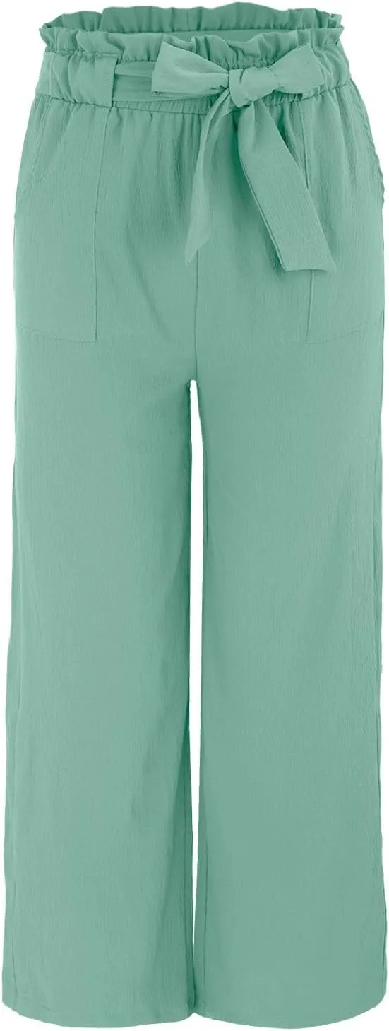 Women's Casual Wide Leg Pants Tie Drawstring Elastic High Waisted Straight Leg Trousers Solid Color Loose Pants with Pockets