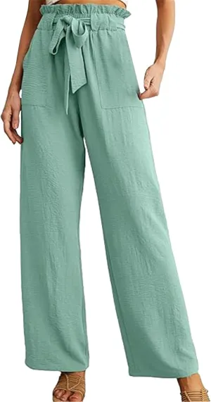Women's Casual Wide Leg Pants Tie Drawstring Elastic High Waisted Straight Leg Trousers Solid Color Loose Pants with Pockets