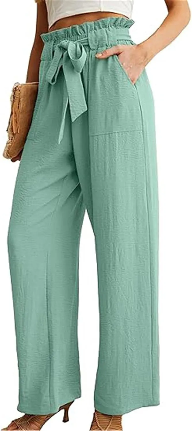 Women's Casual Wide Leg Pants Tie Drawstring Elastic High Waisted Straight Leg Trousers Solid Color Loose Pants with Pockets