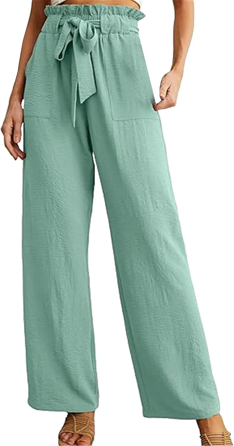 Women's Casual Wide Leg Pants Tie Drawstring Elastic High Waisted Straight Leg Trousers Solid Color Loose Pants with Pockets