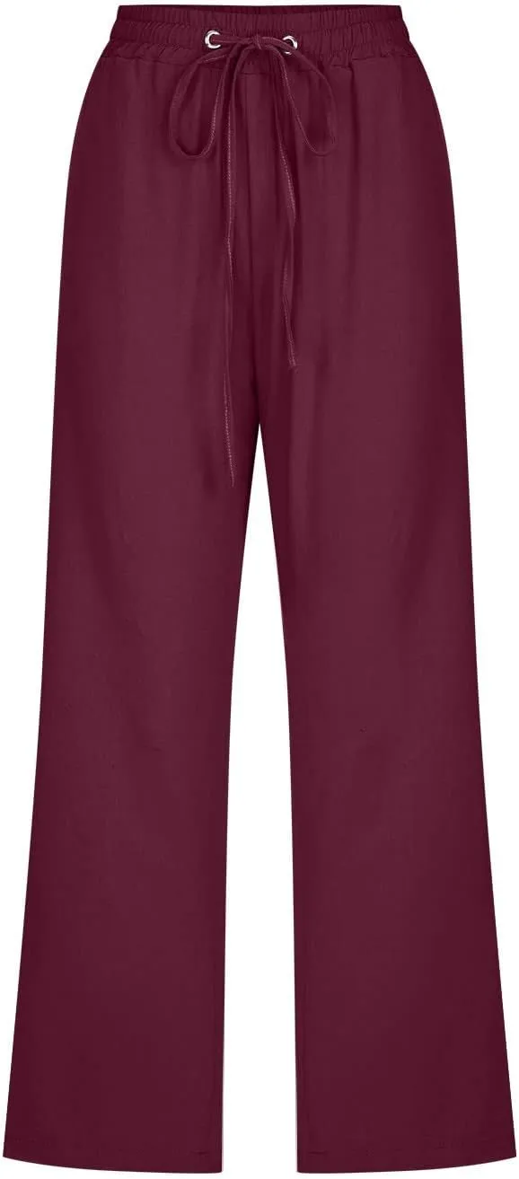 Womens Cotton Linen Pants Casual Summer 2025 Casual Drawstring Elastic Pants with Pockets Lounge Cropped Trouser