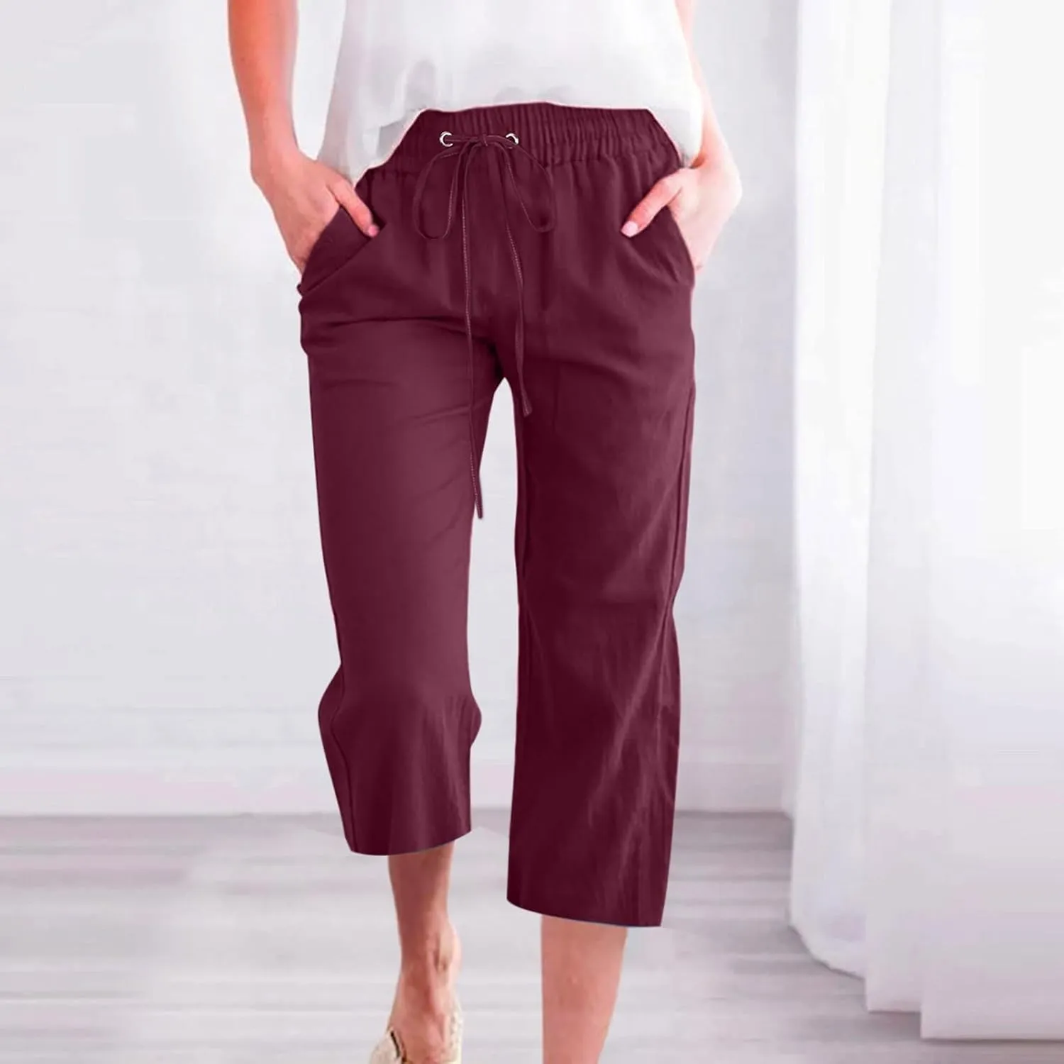 Womens Cotton Linen Pants Casual Summer 2025 Casual Drawstring Elastic Pants with Pockets Lounge Cropped Trouser