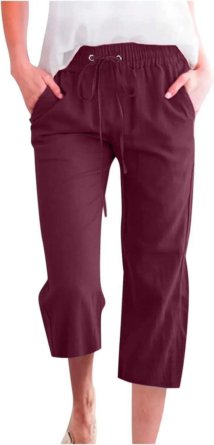 Womens Cotton Linen Pants Casual Summer 2025 Casual Drawstring Elastic Pants with Pockets Lounge Cropped Trouser