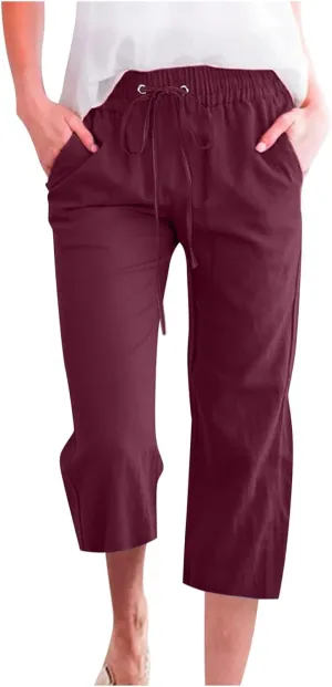 Womens Cotton Linen Pants Casual Summer 2025 Casual Drawstring Elastic Pants with Pockets Lounge Cropped Trouser