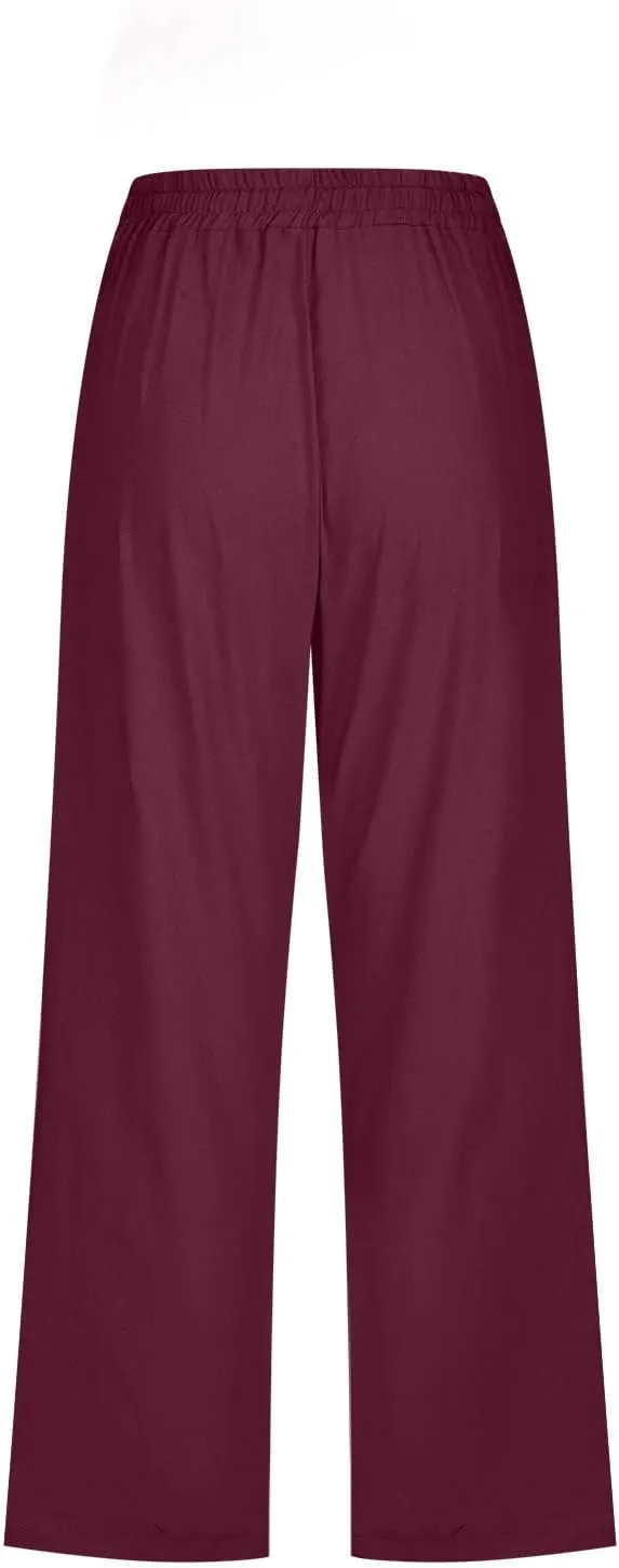 Womens Cotton Linen Pants Casual Summer 2025 Casual Drawstring Elastic Pants with Pockets Lounge Cropped Trouser